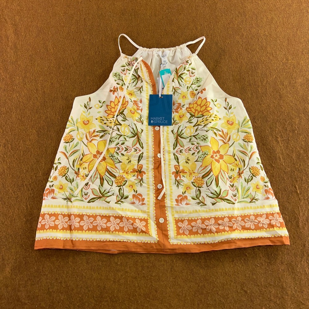Market & Spruce Womens Medium Yellow Floral Rayon Linen Halter Blouse Top New